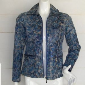 CHICOS Leather Jacket, .5/S, Blue, animal print, Zip, Pockets